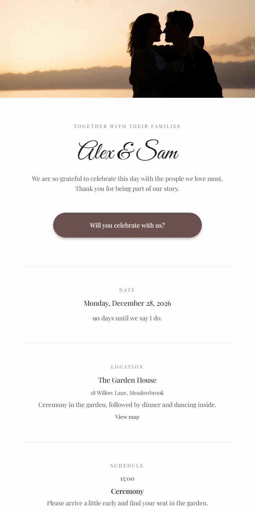 Example wedding page with photo, names, date, venue, and schedule